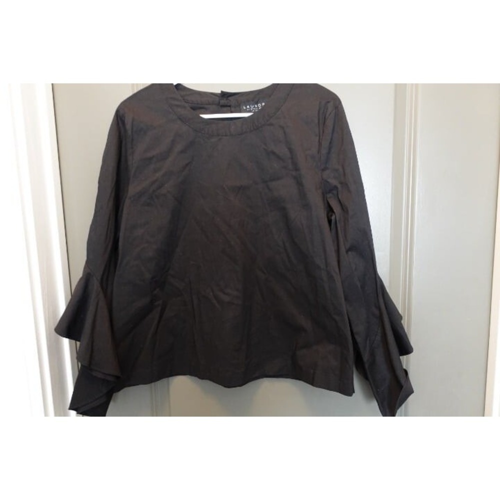 Laundry by Shelli Segal Ruffle Sleeve Blouse Women Black Long Sleeve Top Size 10